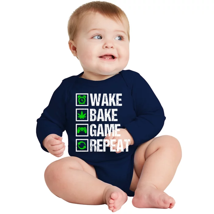 Wake Bake Game Repeat 420 Weed Cannabis Funny Gaming Gift Baby Long Sleeve Bodysuit