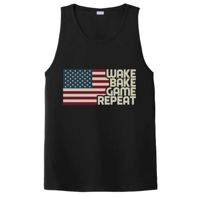 Wake Bake Game Repeat American Flag Vintage Retro Weed Gamer Gift Performance Tank