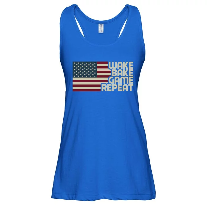 Wake Bake Game Repeat American Flag Vintage Retro Weed Gamer Gift Ladies Essential Flowy Tank