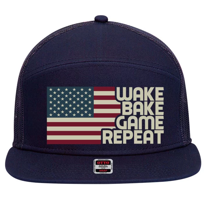 Wake Bake Game Repeat American Flag Vintage Retro Weed Gamer Gift 7 Panel Mesh Trucker Snapback Hat