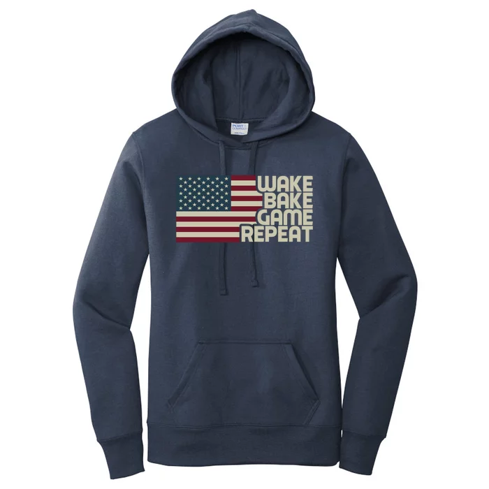 Wake Bake Game Repeat American Flag Vintage Retro Weed Gamer Gift Women's Pullover Hoodie