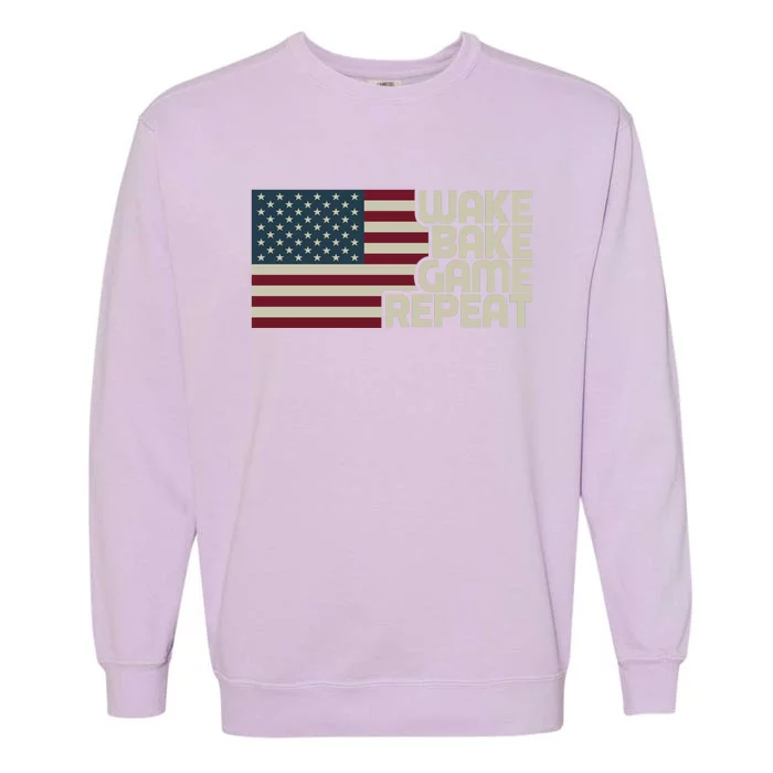 Wake Bake Game Repeat American Flag Vintage Retro Weed Gamer Gift Garment-Dyed Sweatshirt