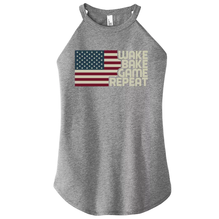 Wake Bake Game Repeat American Flag Vintage Retro Weed Gamer Gift Women’s Perfect Tri Rocker Tank