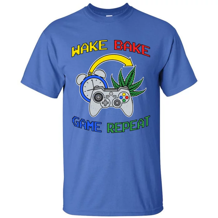 Wake Bake Game Repeat Weed Cannabis Smoker Gamer Gaming Gift Tall T-Shirt