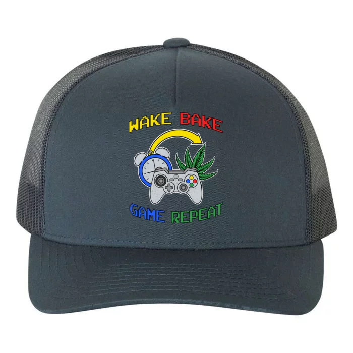 Wake Bake Game Repeat Weed Cannabis Smoker Gamer Gaming Gift Yupoong Adult 5-Panel Trucker Hat