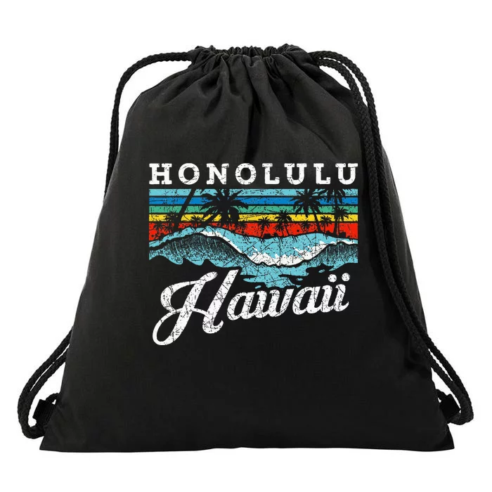 Waves Beach Honolulu Hawaiian Summer Surfing Retro Hawaii Drawstring Bag