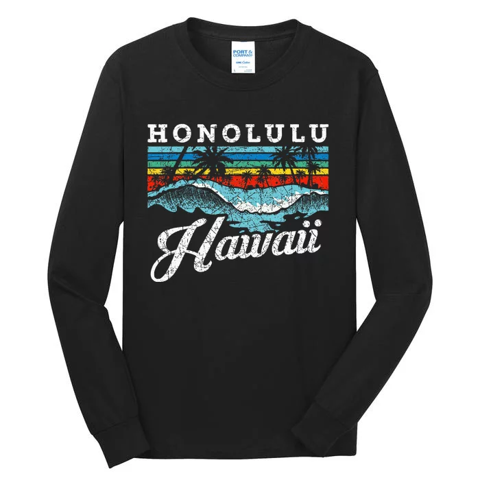 Waves Beach Honolulu Hawaiian Summer Surfing Retro Hawaii Tall Long Sleeve T-Shirt