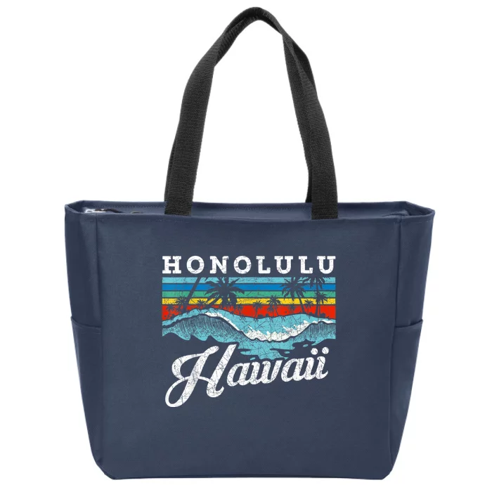 Waves Beach Honolulu Hawaiian Summer Surfing Retro Hawaii Zip Tote Bag