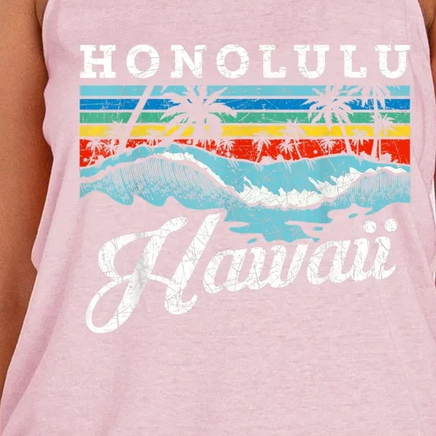 Waves Beach Honolulu Hawaiian Summer Surfing Retro Hawaii Women's Knotted Racerback Tank