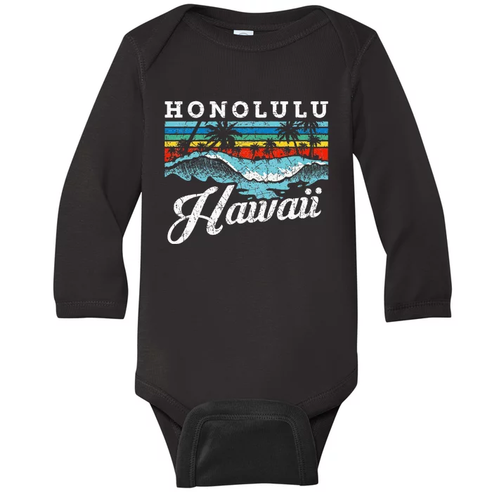 Waves Beach Honolulu Hawaiian Summer Surfing Retro Hawaii Baby Long Sleeve Bodysuit