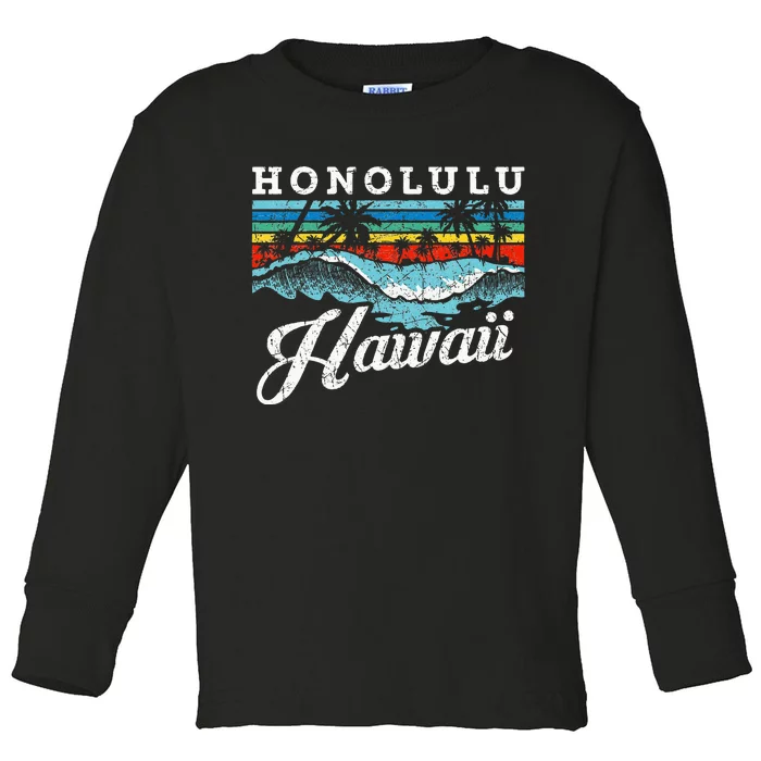 Waves Beach Honolulu Hawaiian Summer Surfing Retro Hawaii Toddler Long Sleeve Shirt