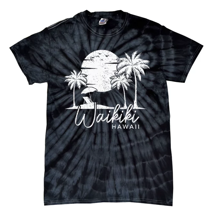 Waikiki Beach Hawaii Surf Vintage Sunset Surfer Retro Tie-Dye T-Shirt