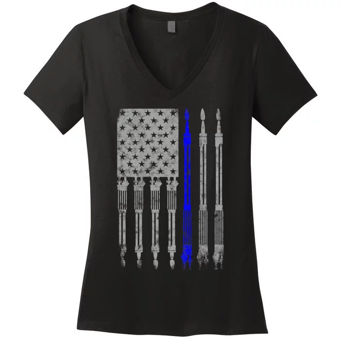 Welder Blue Line American Flag USA Patriotic Welder Women's V-Neck T-Shirt