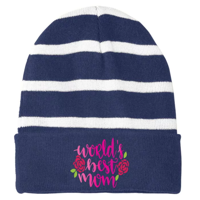 Worlds Best Mom Flower Striped Beanie with Solid Band