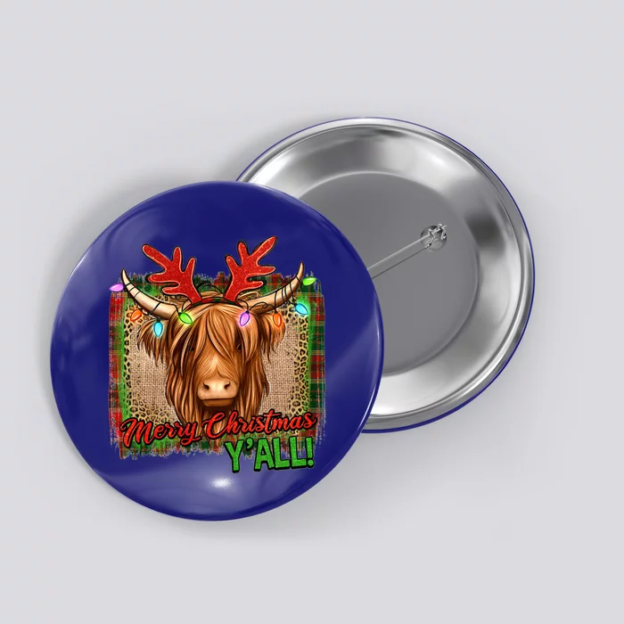 Western Boho Merry Christmas YAll Highland Hairy Heifer Cow Cool Gift Button