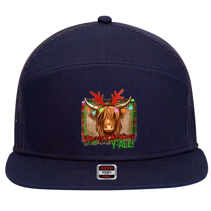 Western Boho Merry Christmas YAll Highland Hairy Heifer Cow Cool Gift 7 Panel Mesh Trucker Snapback Hat