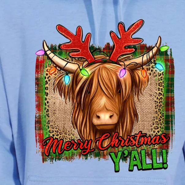 Western Boho Merry Christmas YAll Highland Hairy Heifer Cow Cool Gift Unisex Surf Hoodie