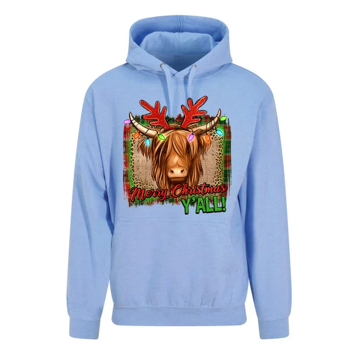 Western Boho Merry Christmas YAll Highland Hairy Heifer Cow Cool Gift Unisex Surf Hoodie