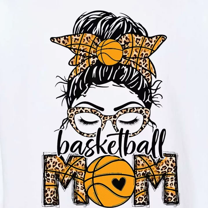 Women Basketball Mom Game Day Messy Bun Leopard Bleached Garment-Dyed Sweatshirt