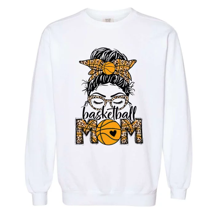 Women Basketball Mom Game Day Messy Bun Leopard Bleached Garment-Dyed Sweatshirt