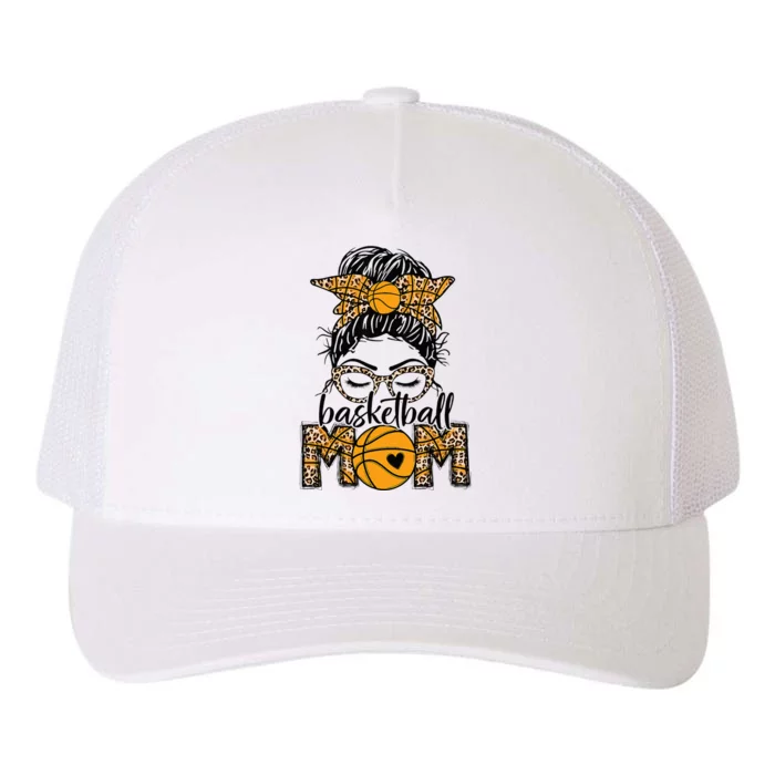 Women Basketball Mom Game Day Messy Bun Leopard Bleached Yupoong Adult 5-Panel Trucker Hat