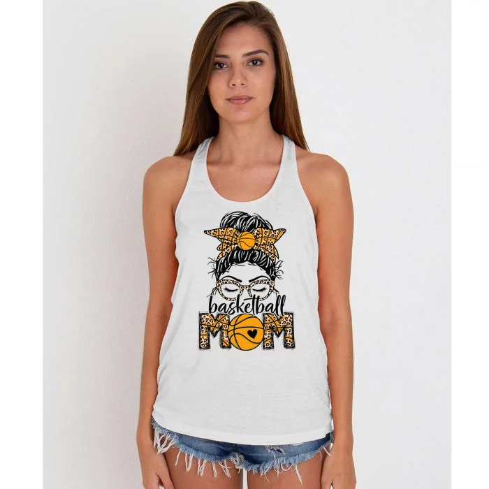 Women Basketball Mom Game Day Messy Bun Leopard Bleached Women's Knotted Racerback Tank