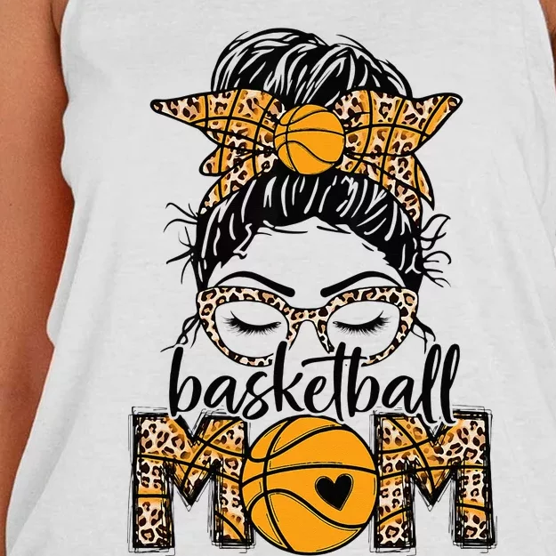 Women Basketball Mom Game Day Messy Bun Leopard Bleached Women's Knotted Racerback Tank