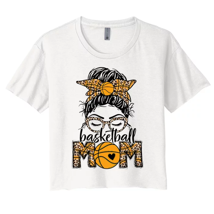 Women Basketball Mom Game Day Messy Bun Leopard Bleached Women's Crop Top Tee