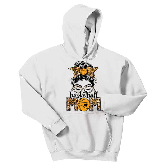 Women Basketball Mom Game Day Messy Bun Leopard Bleached Kids Hoodie