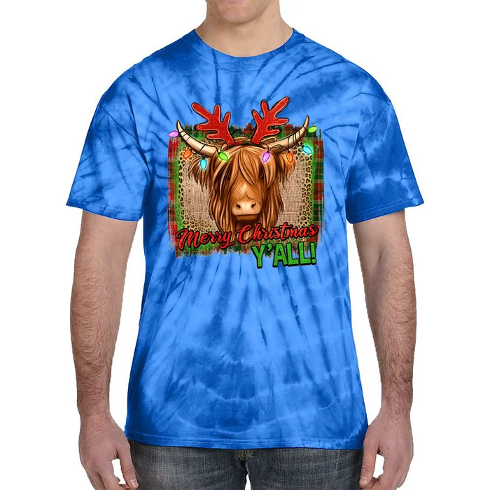 Western Boho Merry Christmas YAll Highland Hairy Heifer Cow Gift Tie-Dye T-Shirt