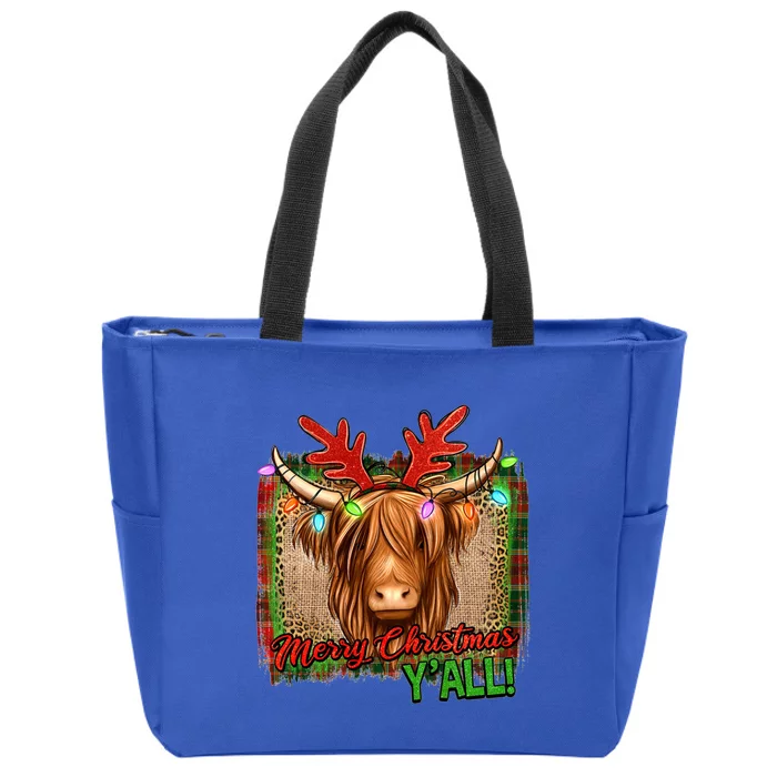 Western Boho Merry Christmas YAll Highland Hairy Heifer Cow Gift Zip Tote Bag