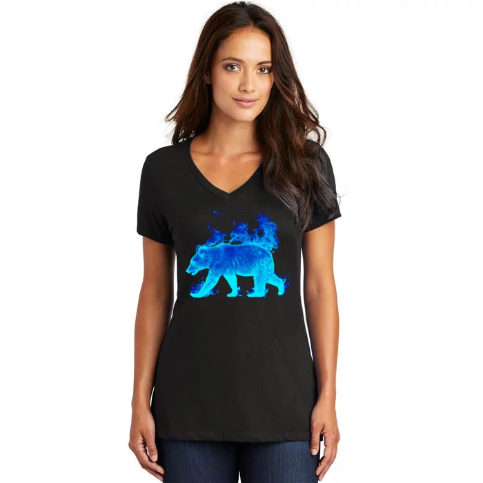 Wild Bear On Fire Women's V-Neck T-Shirt