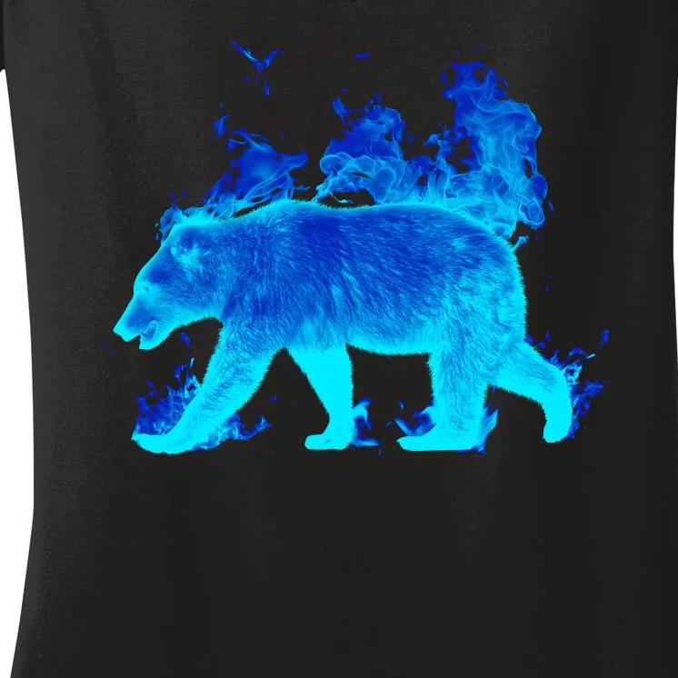 Wild Bear On Fire Women's V-Neck T-Shirt