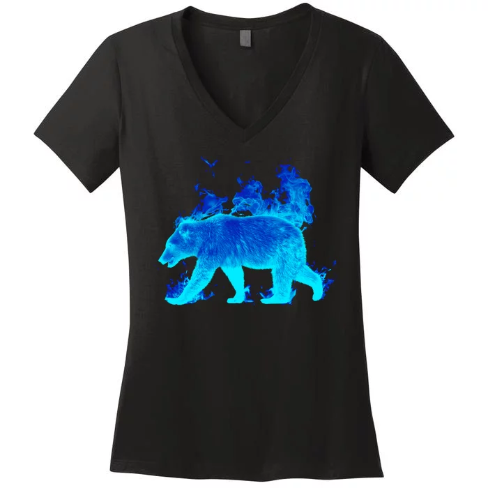 Wild Bear On Fire Women's V-Neck T-Shirt