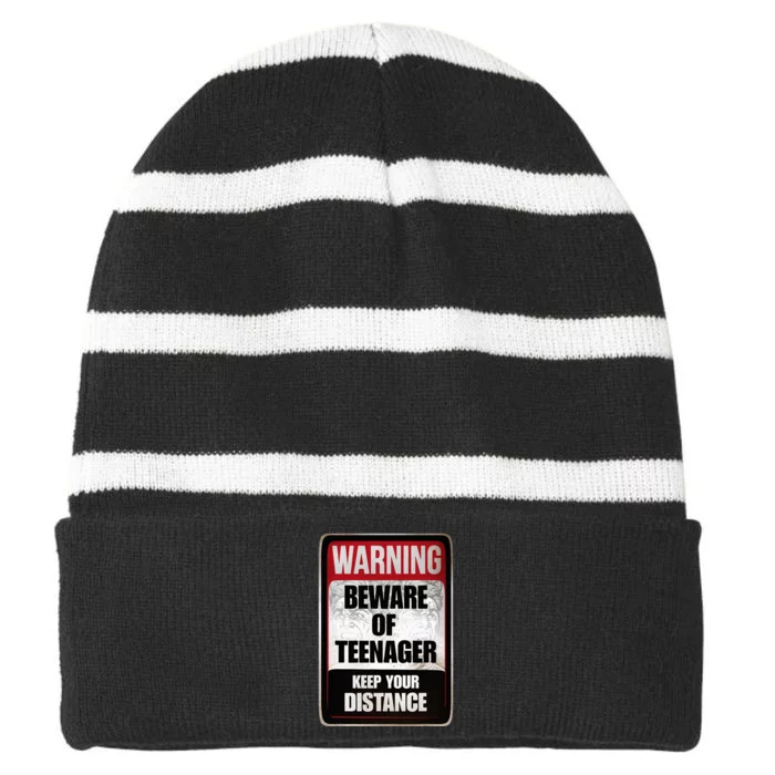 Warning Beware of Teenager Funny Danger Teens Striped Beanie with Solid Band