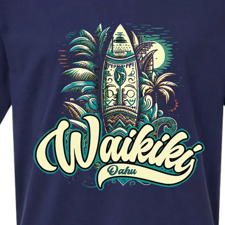 Waikiki Beach Polynesian Hawaii Surf Design Sueded Cloud Jersey T-Shirt