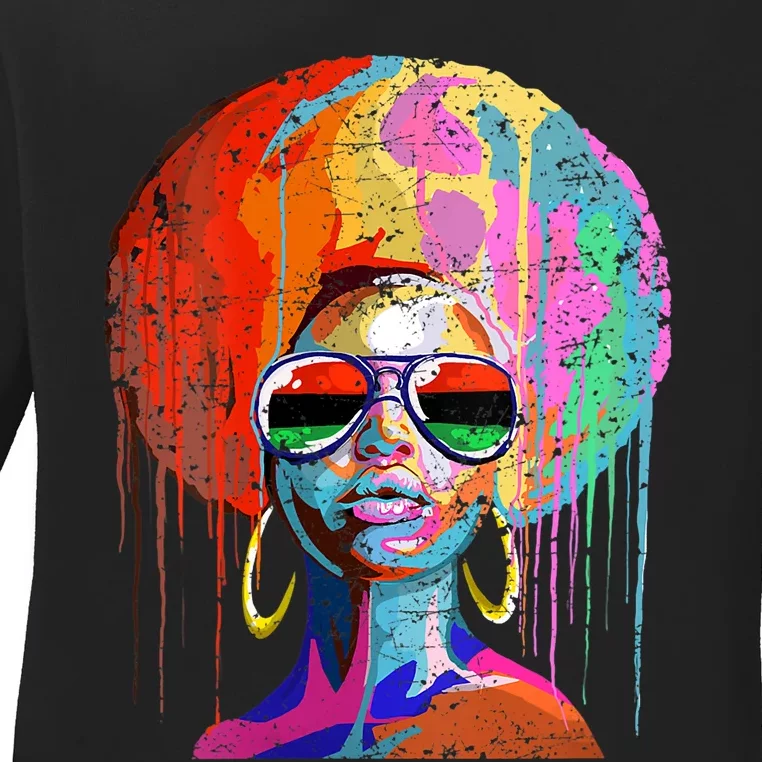 Womens Black Queen Afro Melanin Dripping Art Black History Ladies Long Sleeve Shirt