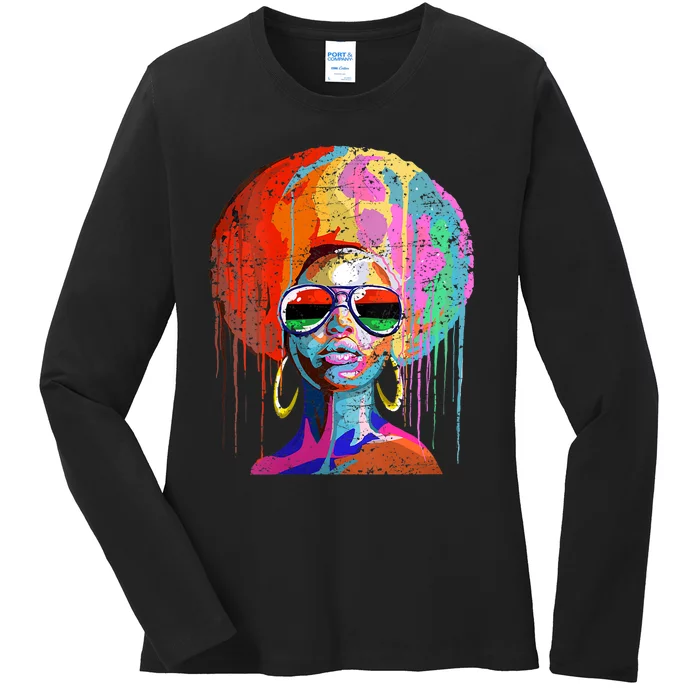 Womens Black Queen Afro Melanin Dripping Art Black History Ladies Long Sleeve Shirt