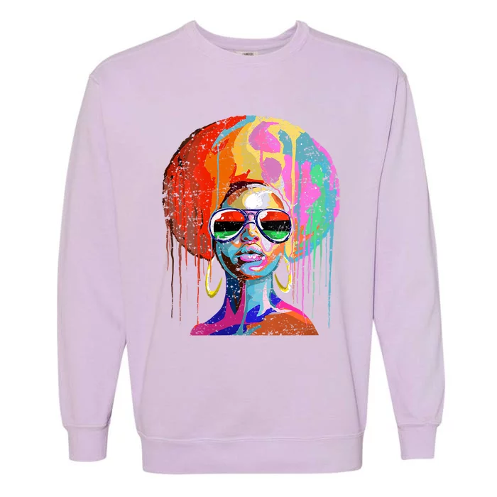 Womens Black Queen Afro Melanin Dripping Art Black History Garment-Dyed Sweatshirt