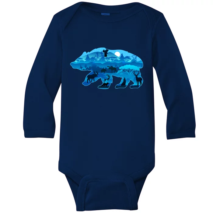 Wildlife Bear Silhouette Night Forest Baby Long Sleeve Bodysuit