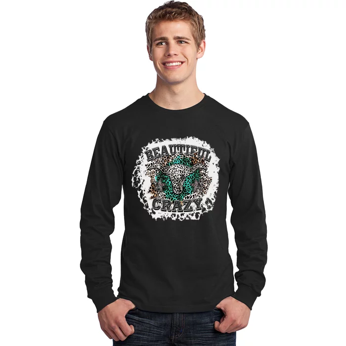 Western Boho Sunflowers Turquoise Cow Bull Skull Long Sleeve Shirt