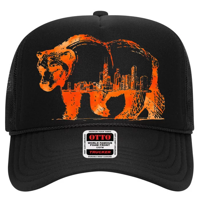 Walking Bear Silhouette Downtown Chicago City Skyline Gift High Crown Mesh Trucker Hat