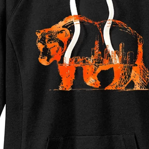 Walking Bear Silhouette Downtown Chicago City Skyline Gift Women's Fleece Hoodie