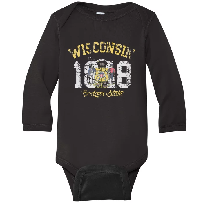 Wisconsin Badger State Flag Vintage Fade Baby Long Sleeve Bodysuit