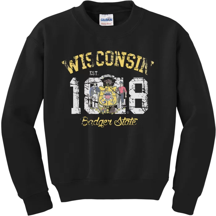 Wisconsin Badger State Flag Vintage Fade Kids Sweatshirt