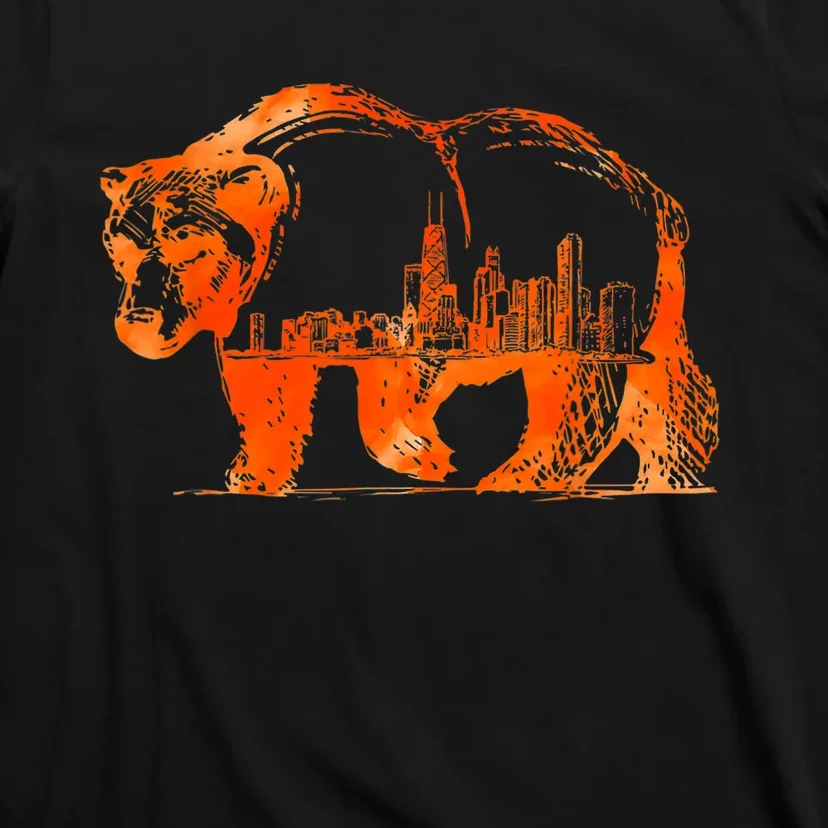 Walking Bear Silhouette Downtown Chicago City Skyline Gift T-Shirt