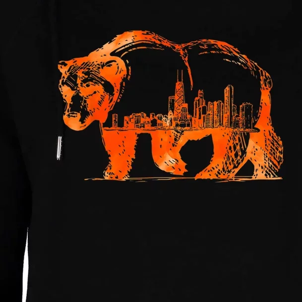 Walking Bear Silhouette Downtown Chicago City Skyline Gift Womens Funnel Neck Pullover Hood