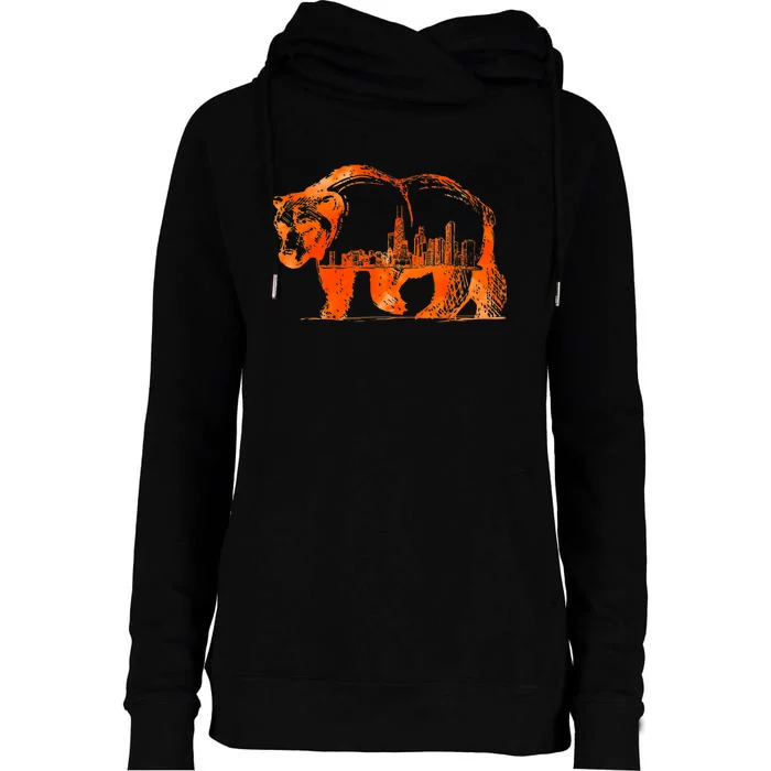 Walking Bear Silhouette Downtown Chicago City Skyline Gift Womens Funnel Neck Pullover Hood