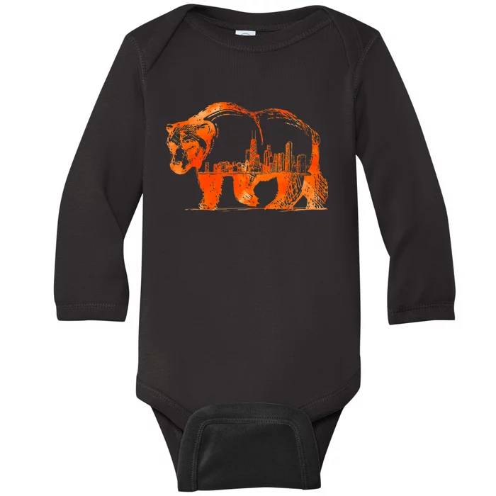 Walking Bear Silhouette Downtown Chicago City Skyline Gift Baby Long Sleeve Bodysuit