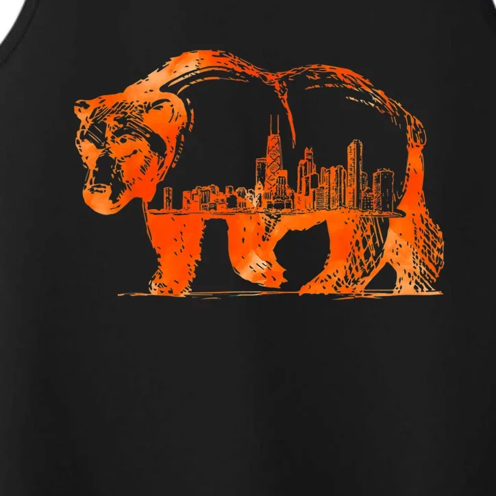 Walking Bear Silhouette Downtown Chicago City Skyline Gift Performance Tank